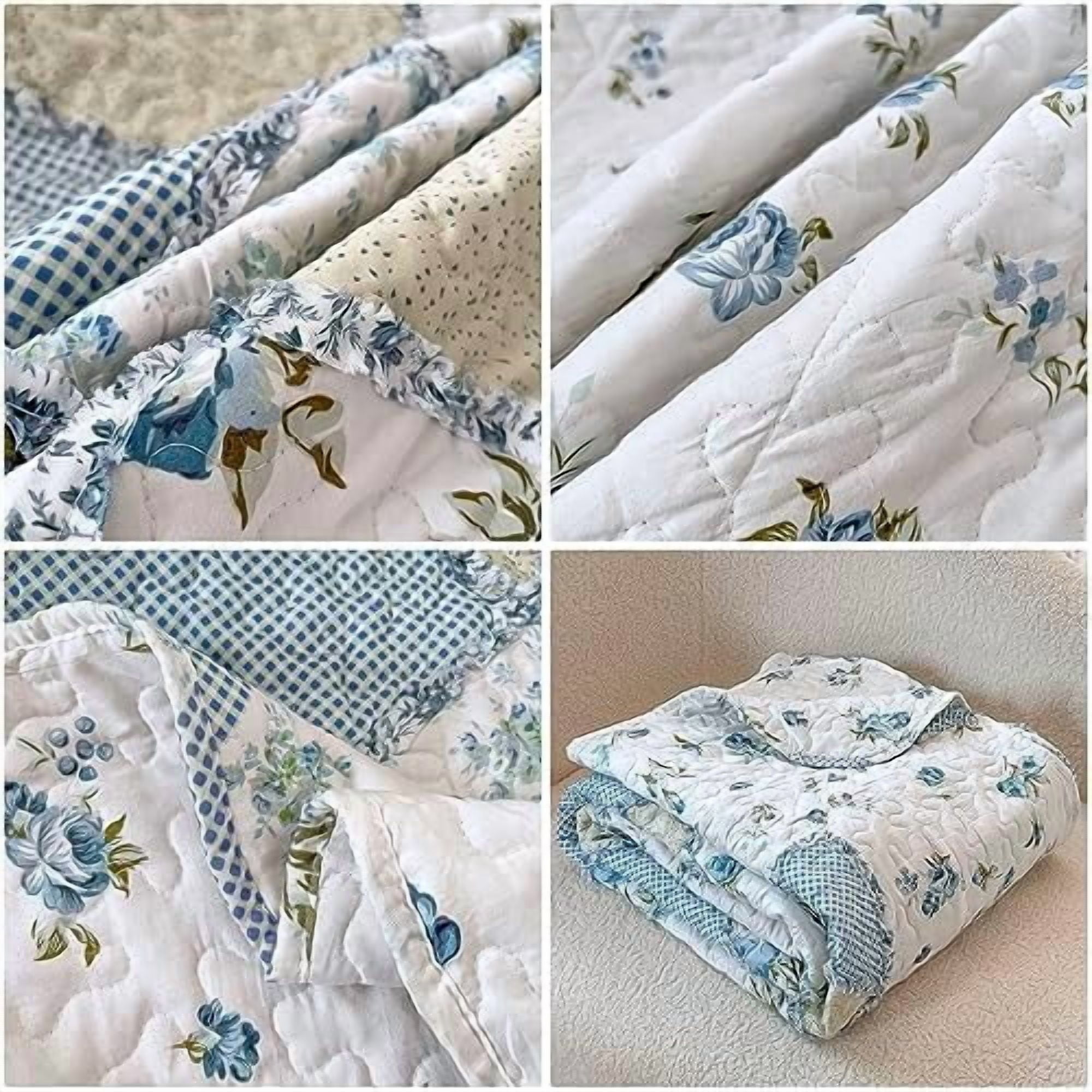 Twin Size Patchwork Quilt Throw Blanket for Couch Sofa Blue Vintage Floral Reversible Lightweight Quilted Bedspread Coverlets Flowers Quilt Soft Garden Comforter Bed Cover for Bed Home Decor