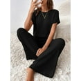 thumbnail image 5 of Women's Casual Loose Solid Ribbed Crewneck Short Sleeve Long Romper Stretchy Wide Leg Jumpsuits, 5 of 9