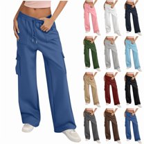 Fashion Pants for Women Casual Drawstring Solid Color Sports Multi-Pocket Cargo(Four Pockets) Sweatpants Dark Blue S-2XL