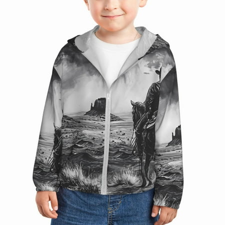 

Qekee 60s Black White Western Cowboy Print UPF 50+ Kids Sun-Protective Hooded Long Sleeve Rash Guard for Fishing Water Beach Sports -5 Years