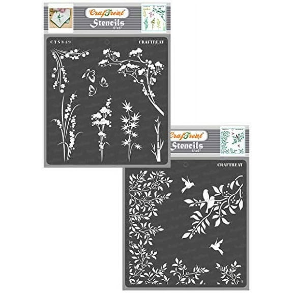 CrafTreat Wild Flowers and Branch Leaf Stencil for Painting - 2 Pcs - 6"x6" Each