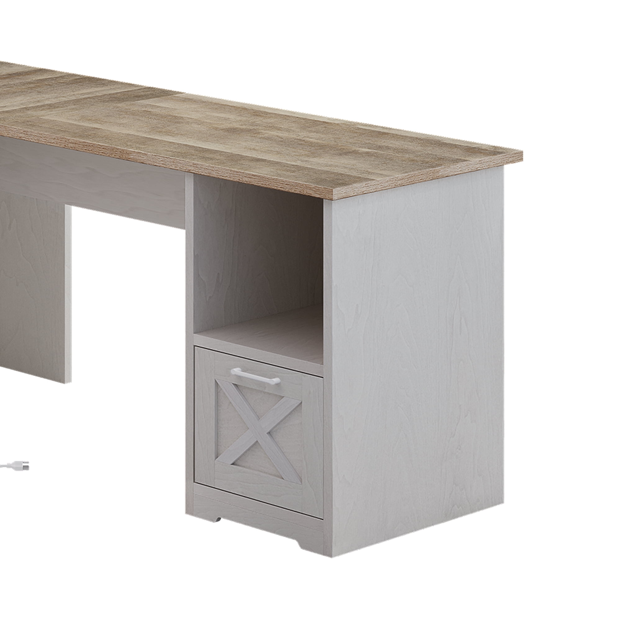 ModFusion 59 Inch L Shaped Corner Computer Desk with Power Outlets & USB Ports, Office Desk with File Drawer, Monitor Stand & Storage Shelves, Gray Wash