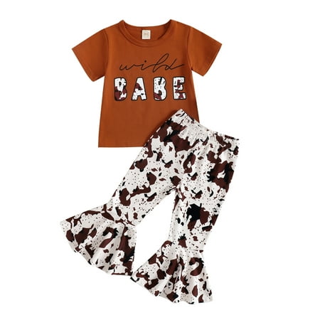 

BebiulloToddler Baby Girl Clothes Set Cow Printed Short Sleeve Wild Babe Tops+Flared Long Pants 2Pc Summer Outfits Khaki 4 Years