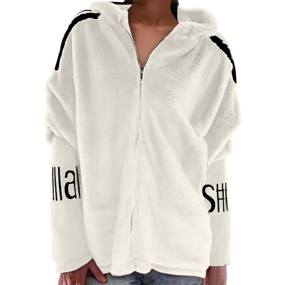 Women's Stand Collar Baseball Jacket, Double Faced Plush Coat, Soft Faux Fur Lined Outerwear, Loose Fit Warm Winter Coat, Sporty Stripe Sleeve Design, Casual Luxury Style White XXXL