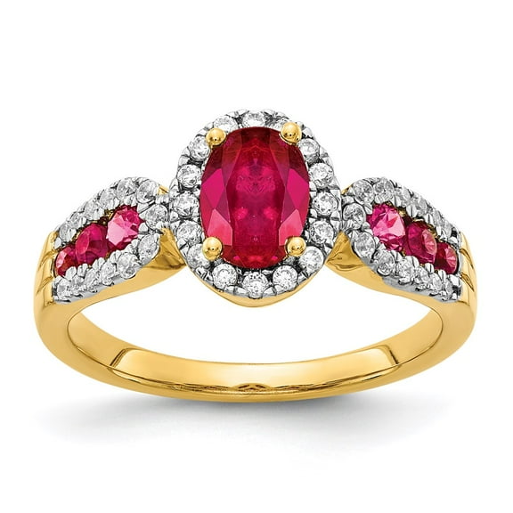 14K Yellow Gold Ring Band Gemstone Ruby Oval Red Round Diamond