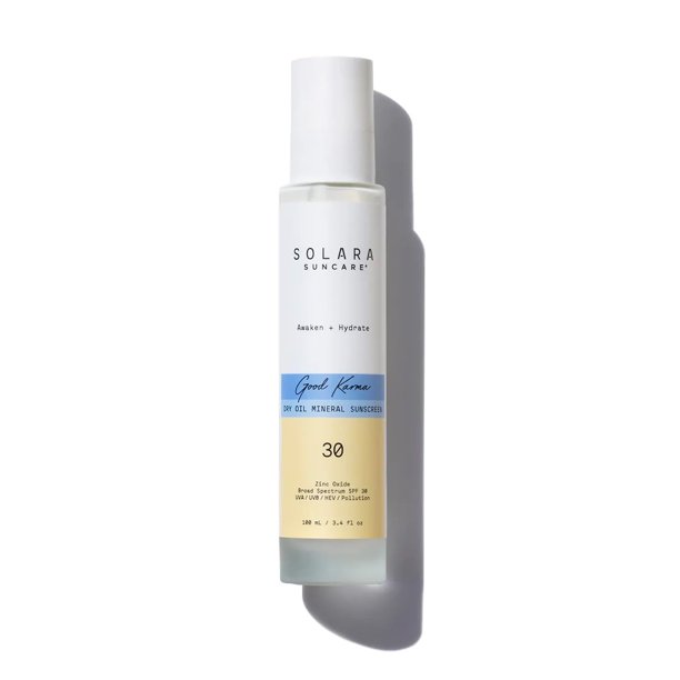 Solara Suncare - Protector solar mineral de aceite seco Good Karma SPF 30 | Vegano por EWG, libre de crueldad | para pieles sensibles (3,4 fl oz | 100 ml)