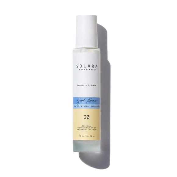 Solara Suncare - Protector solar mineral de aceite seco Good Karma SPF 30 | Vegano por EWG, libre de crueldad | para pieles sensibles (3,4 fl oz | 100 ml)