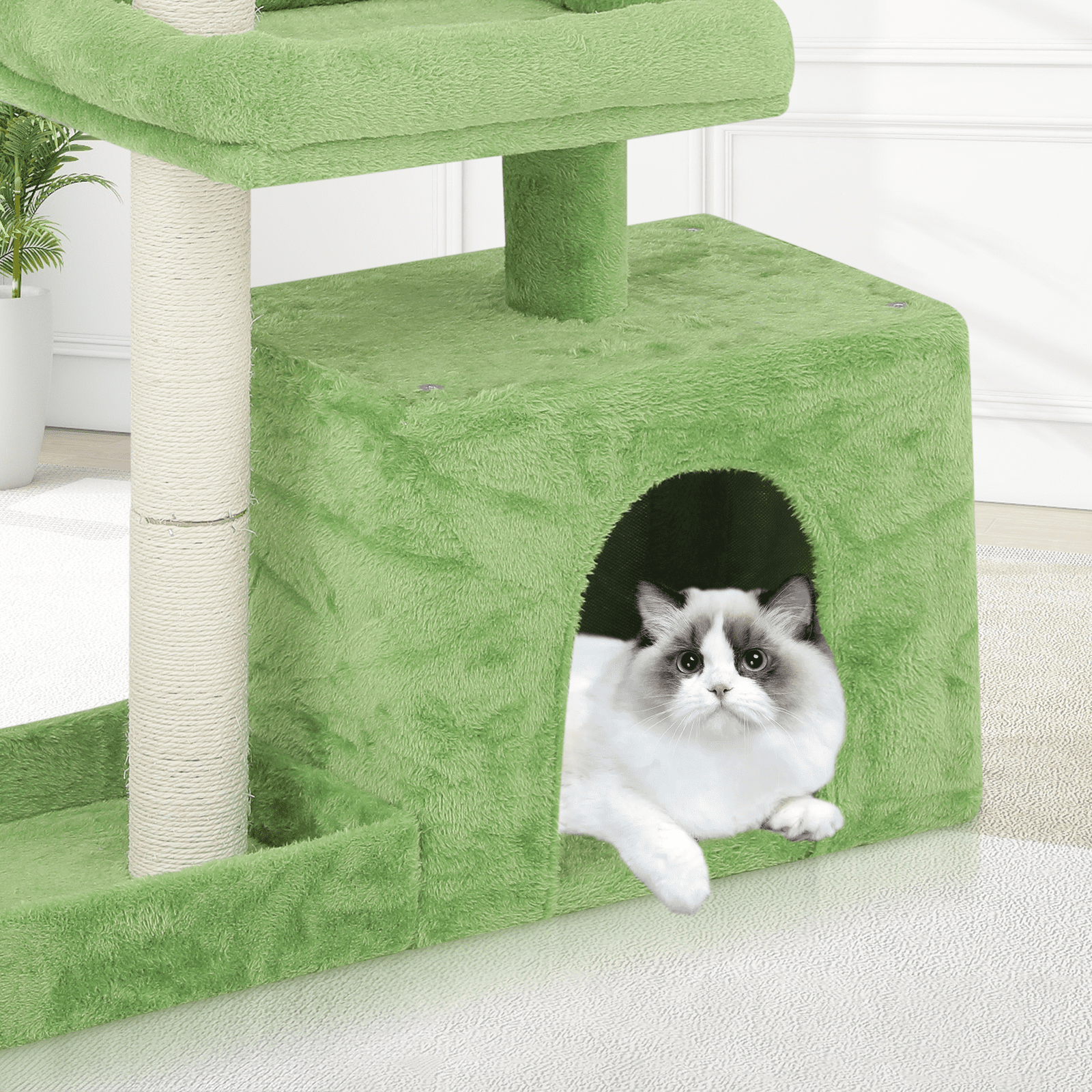 Magshion Cat Tree for Indoor Cats with Green Leaves, 32'' Cat Tower for Indoor Cats with Rest Area, Plush Cat House with Cat Cave and Sisal Scratching Posts Cat Furniture, Green