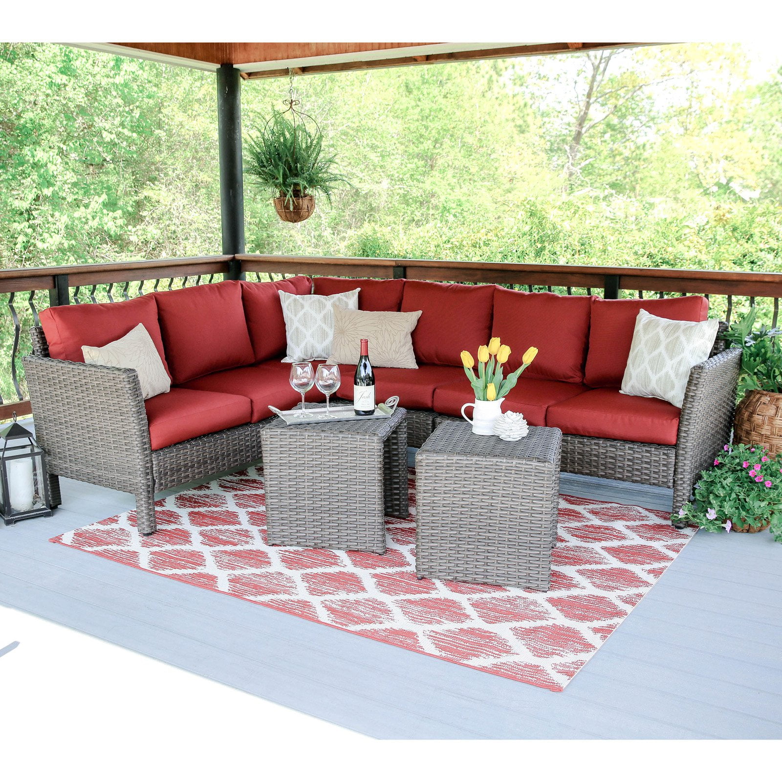 Canton 6pc All-Weather Wicker Patio Corner Sectional Seating Set - Brown/Red - Leisure Made
