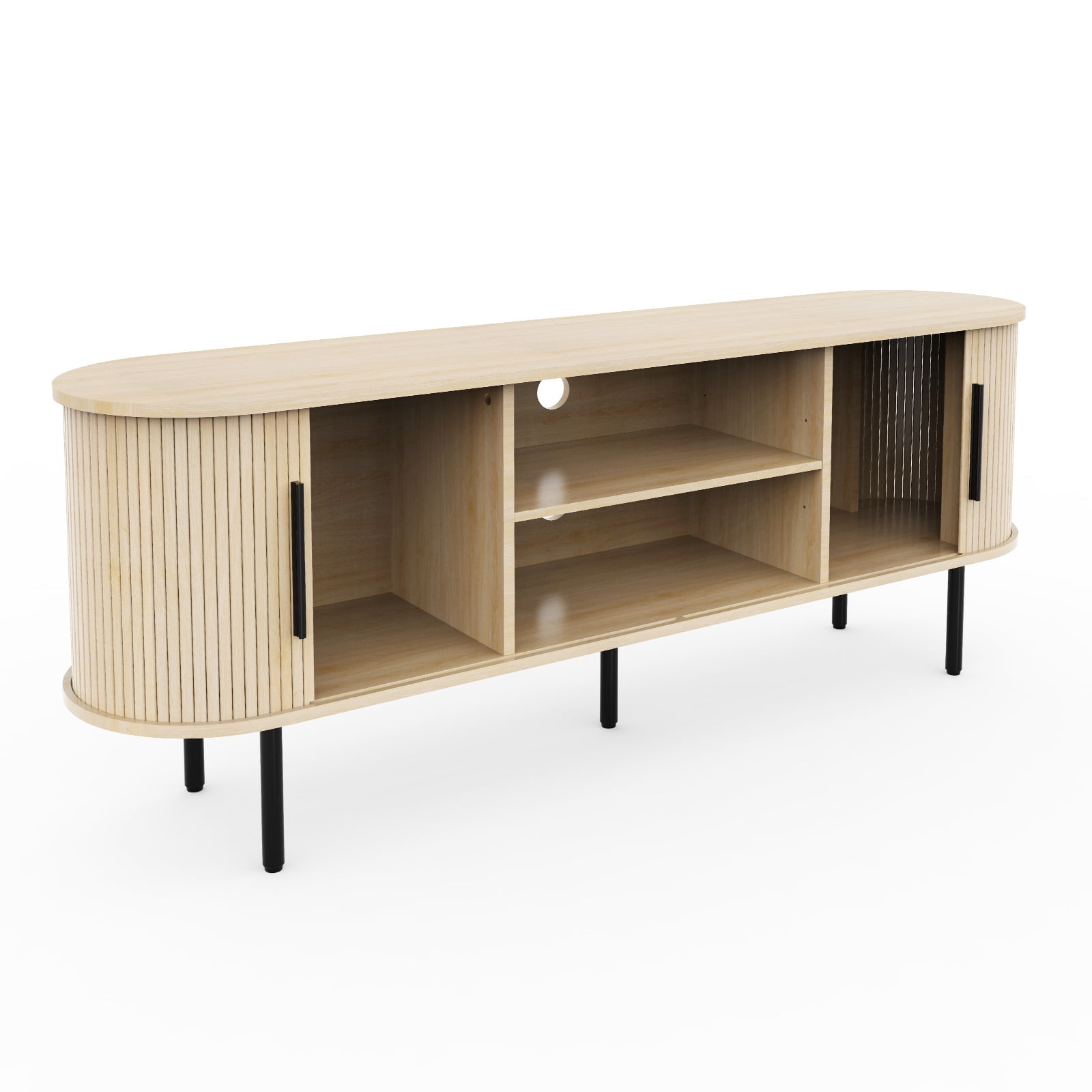 Embossed Particle Board TV Stand, Oval Tabletop 147x35x58cm, Modern Entertainment Center with Sliding Grid Doors, Media Console Cabinet for Living Room Home Decor, Oak Color