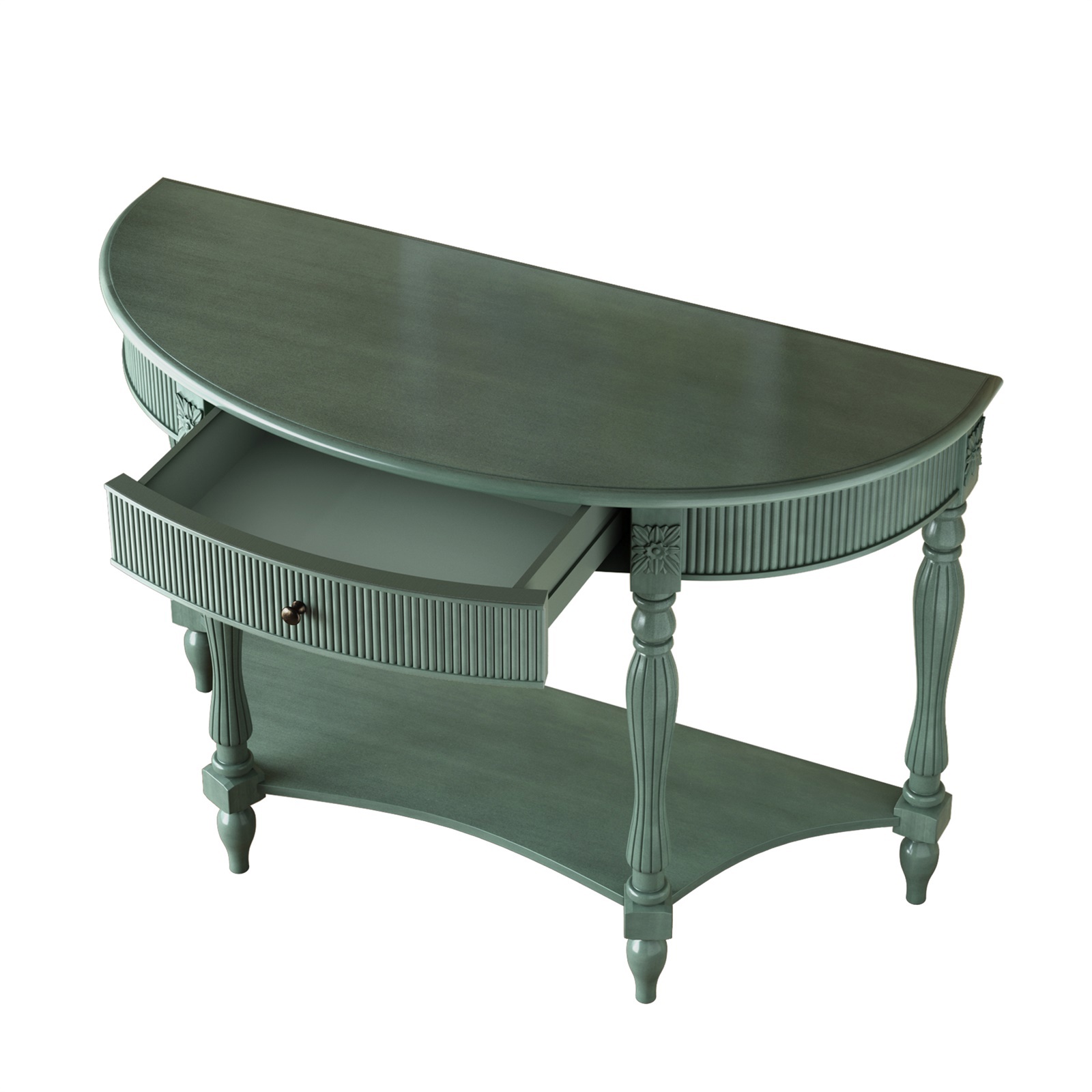 Hommoo Solid Wood Half Moon Console Table with Drawer & Open Shelf, Vintage Fluted Entryway Table for Hallway, Foyer, Living Room, Sofa Table with Roman Column Carved Legs, Rustic Green