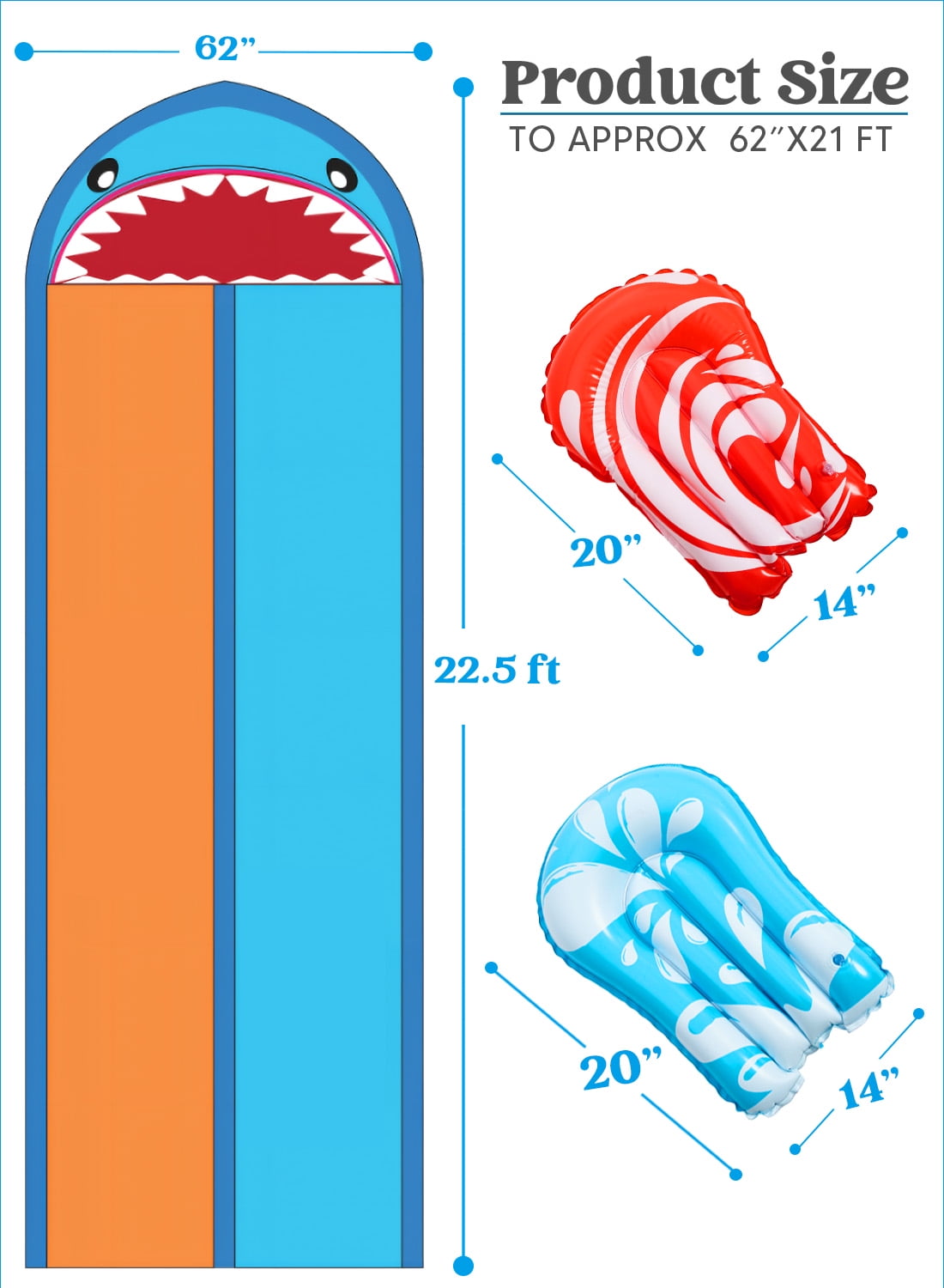 Joyfy Water Slides with 2 Inflatable Boards, 22.5ft Backyard Outdoor Lawn Slip Waterslide with Sprinklers Summer Toy, Shark