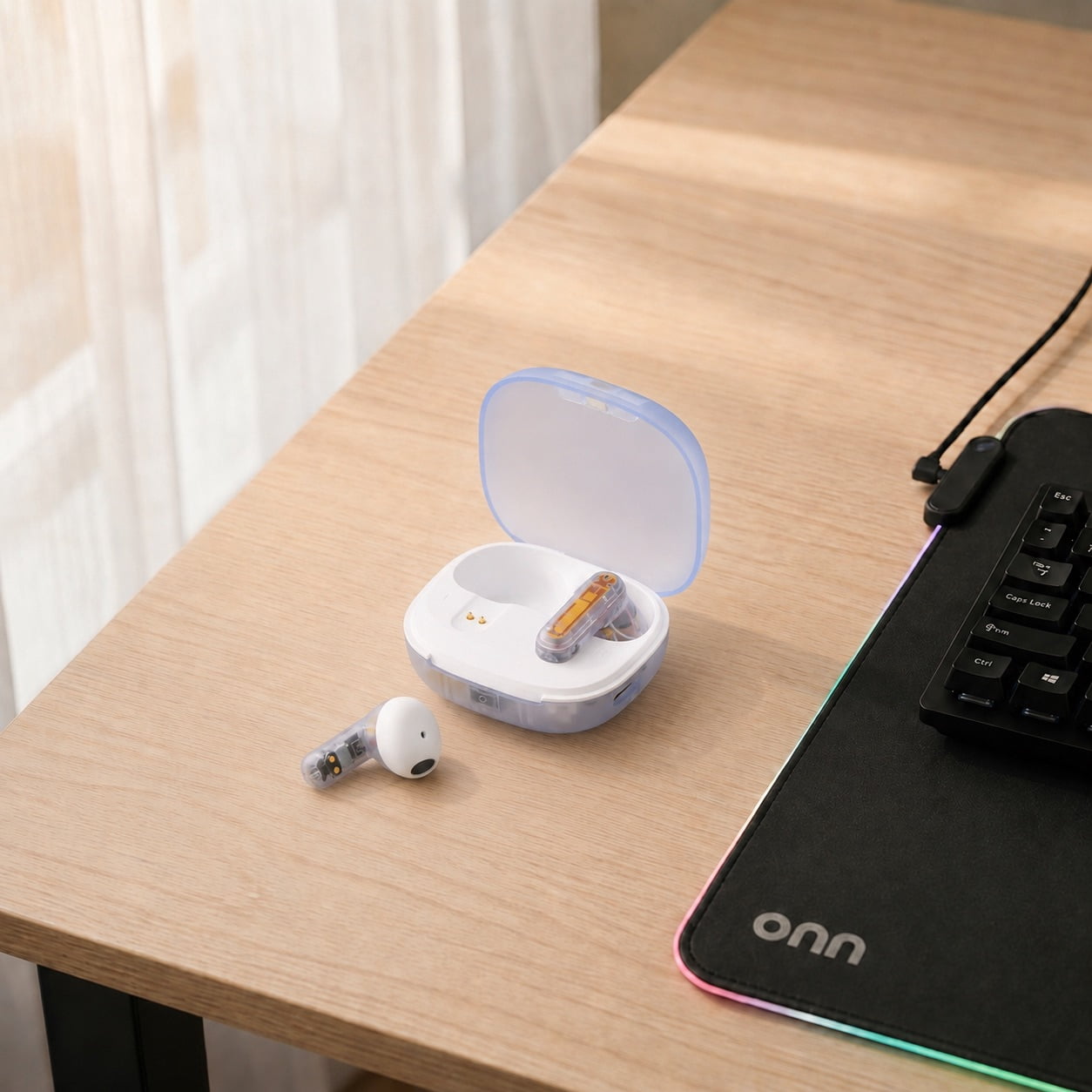onn Mini Sticks Clear and White Wireless Bluetooth Earbuds with Environmental Noise Canceling