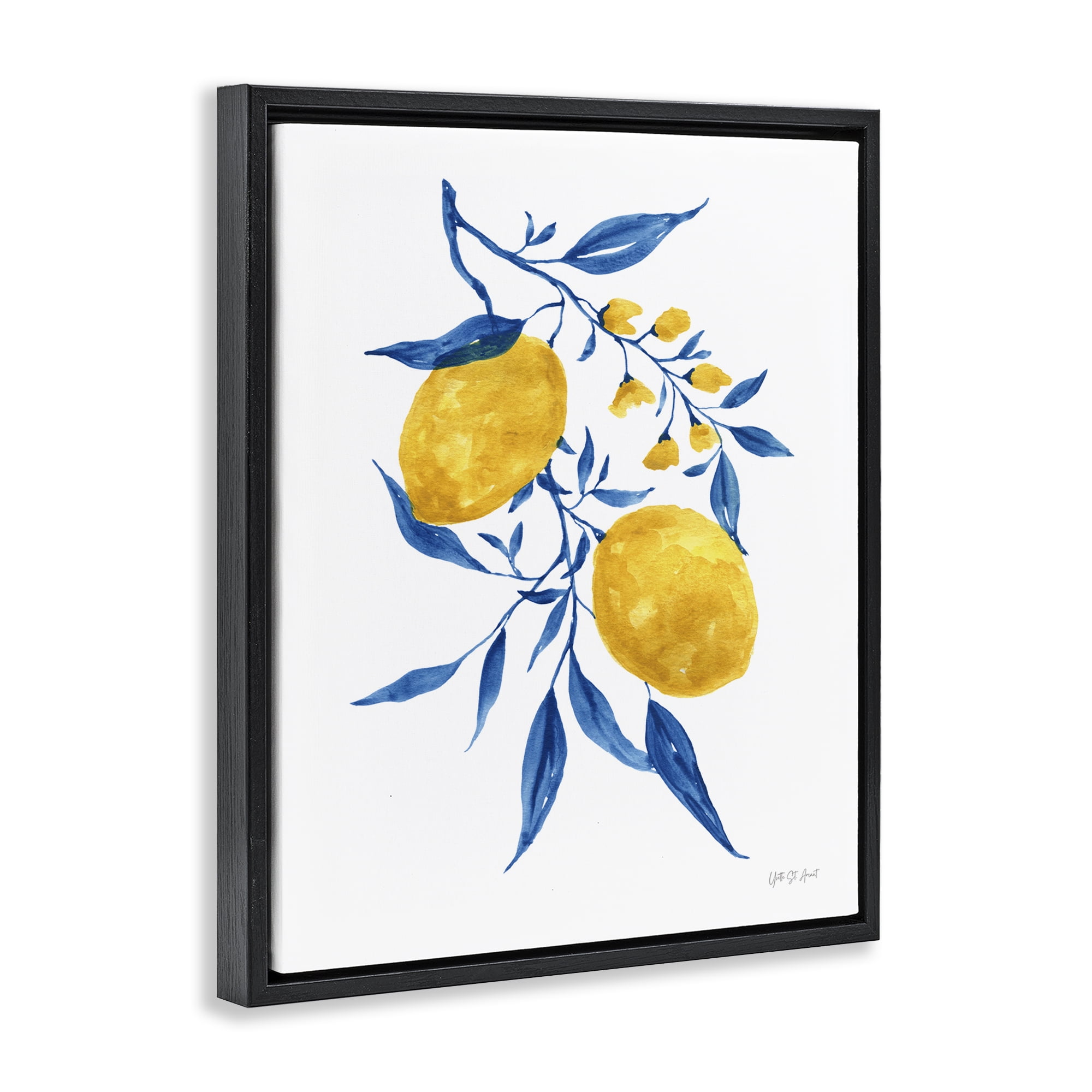Stupell Industries Lemons with Blue Leaves Food & Beverage Painting Black Floater Framed Canvas Art Print Wall Art, 17 x 21