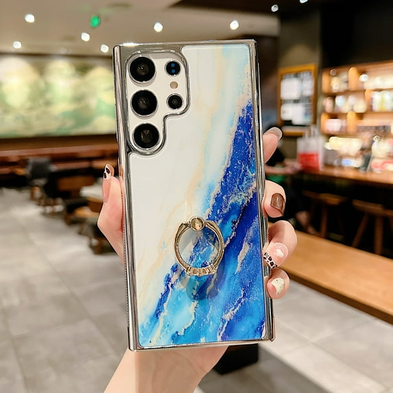 SaniMore for Samsung Galaxu S23 Ultra 6.8" 2023 Case with 360 Rotating Ring Bracket, Unique Fashion Marble Print Pattern Soft TPU Slim Fit Protective Shockproof Stylish Girly Stand Case, Navyblue