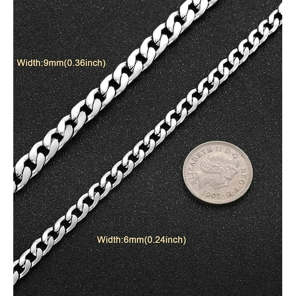 Men Chains Necklace Cuban Chain Mens Silver Curb Chain Necklaces Sturdy Cuban Link Chain Necklace Stainless Steel Boys 6/9Mm Width, 18/20/22/24 Inches