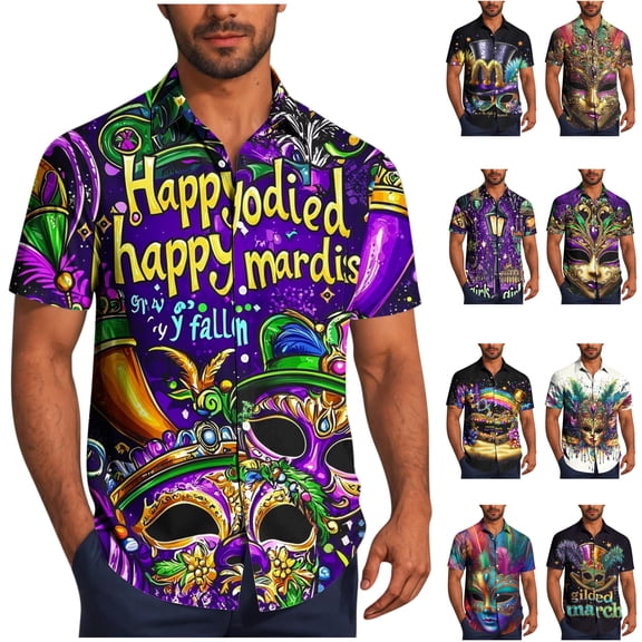 UVEASISHA Mardi Gras Hawaiian Shirts for Men Fashion Mask Print Button Down Shirt Big and Tall Short Sleeve New Orleans Party Shirts Mens Gifts Purple#2 S