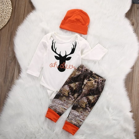 Organic Toddler Baby Boy Girl Deer Romper Long Pants 3pcs Outfits Set