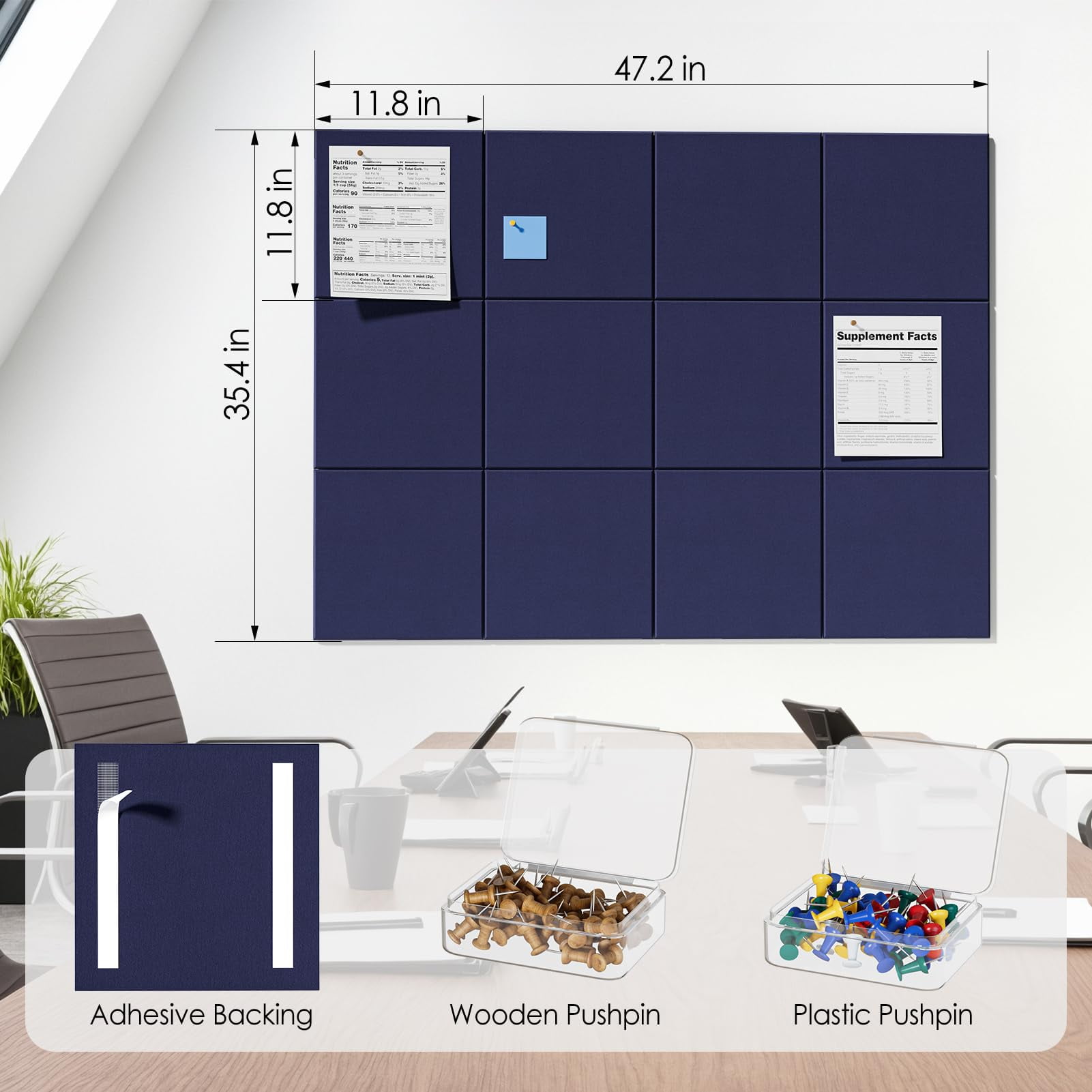 MaxGear Large Cork Board for Wall 48" x 36", 12 Pack Felt Wall Tiles with Pushpins, Dark Blue Bulletin Board, Pin Board Tack Board for Office, Home, Decoration