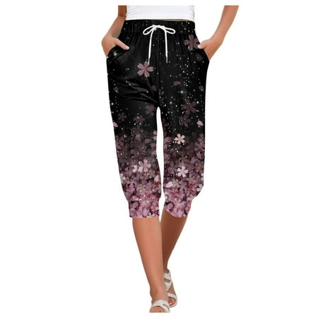 WNVMWI Womens Shorts Yoga Shorts for Women Stretch Shorts Women Summer Sweatpants Capris for Women Pants Boho Floral Printed Beach Shorts Bottom Drawstring Joggers Yoga Shorts with Pockets Hot Pi XL