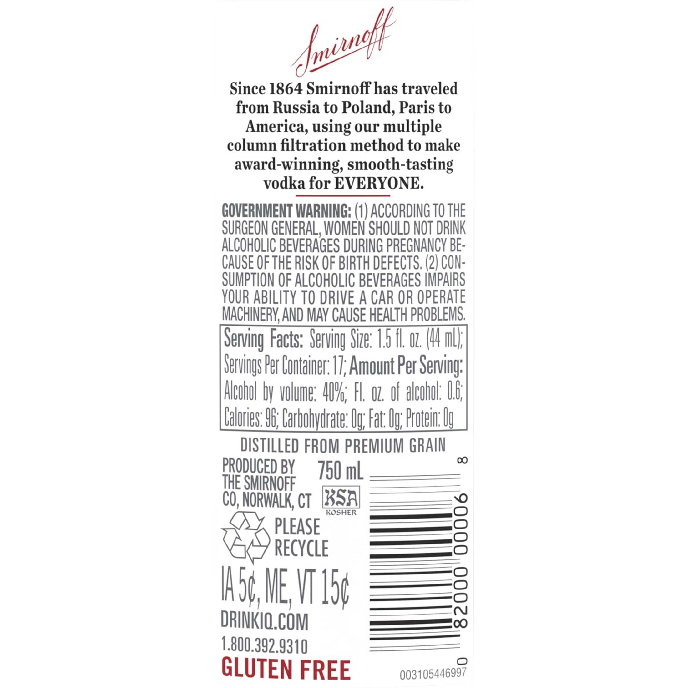 Smirnoff No. 21 80 Proof Vodka, 750 mL Glass Bottle, 40% ABV