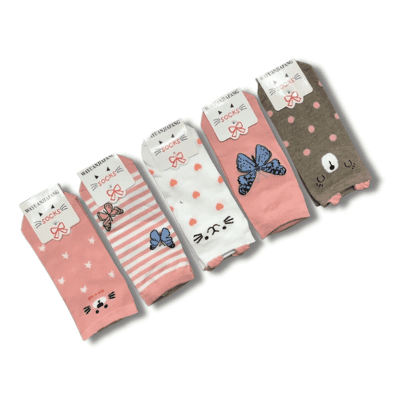 Women's Pastel Animal & Butterfly Print Cotton Ankle Socks 5-Pack