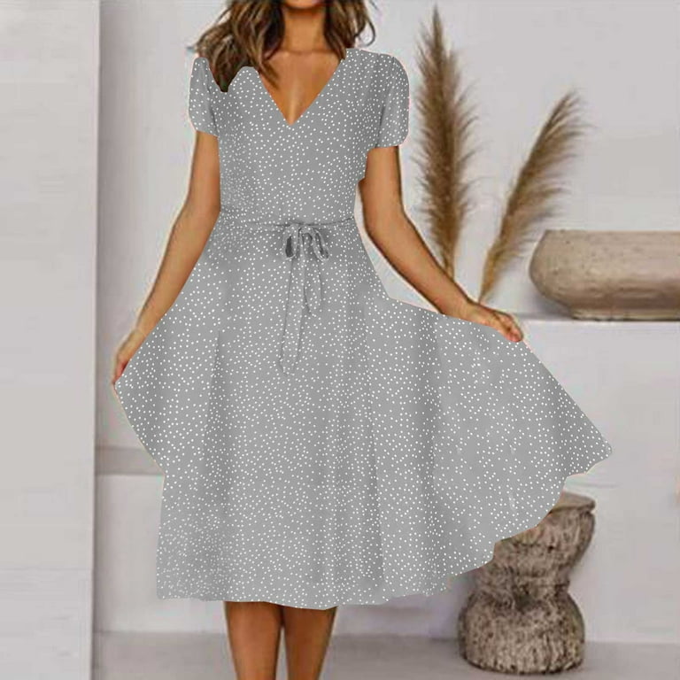 Women's Casual V-Neck Short Sleeve Dress - A-Line Swing Sundress For Beach & Vacation