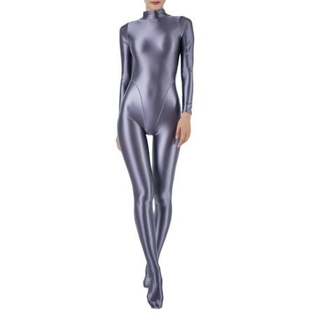 TiaoBug Women s Glossy Body Stocking Full Bodysuits Catsuits Yoga Mock Neck Zipper Jumpsuits Grey XL