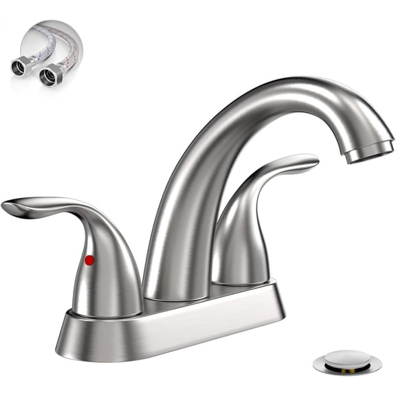 Centerset 4 Inch Brushed Nickel 2 or 3 Hole Bathroom Sink Faucet with Pop Up Drain and Supply Lines