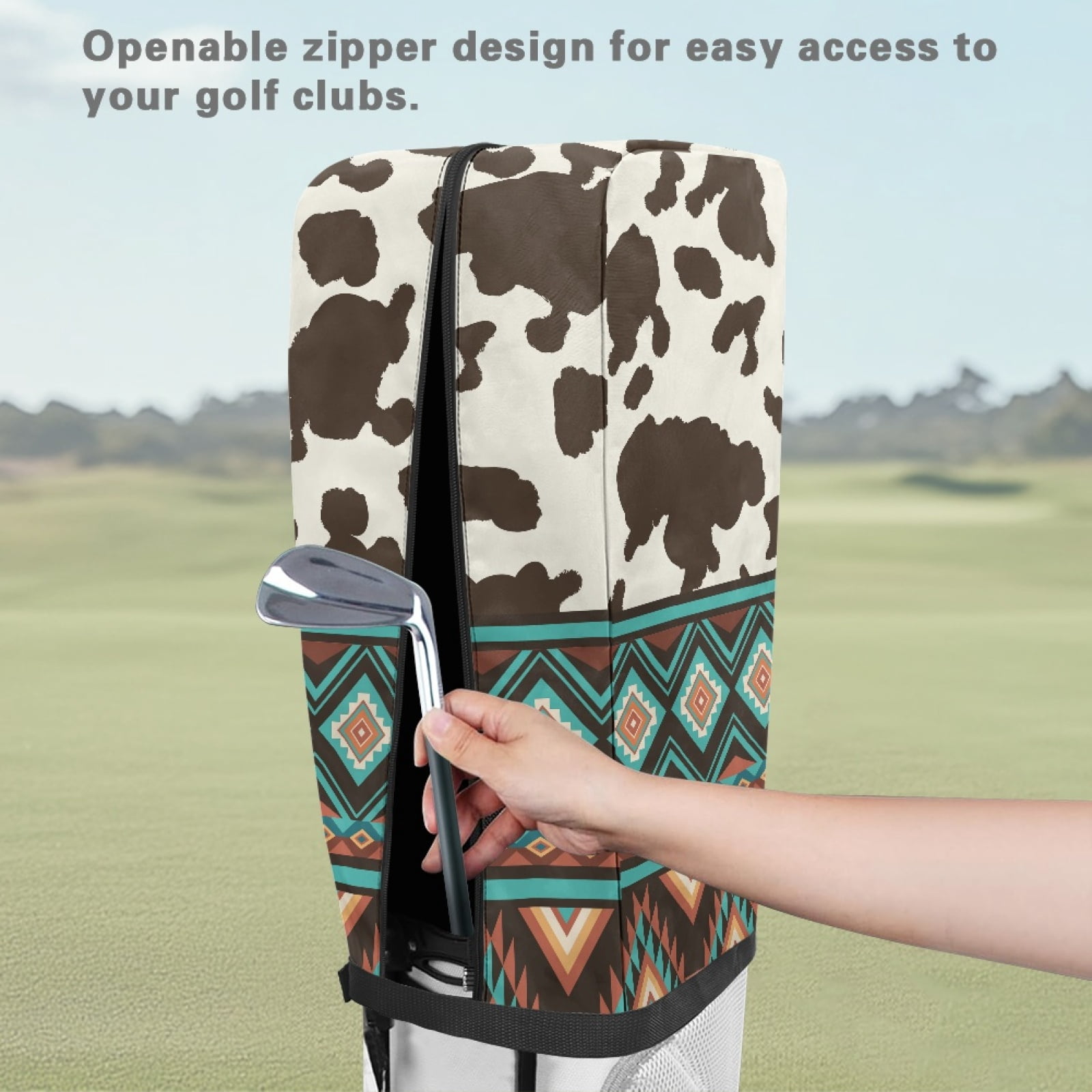 Yuyamidu Brown Cow Print Golf Bag Cover Aztec Hood Golf Bag Dust Cover for Clubs Protection with Snap Button and Zipper