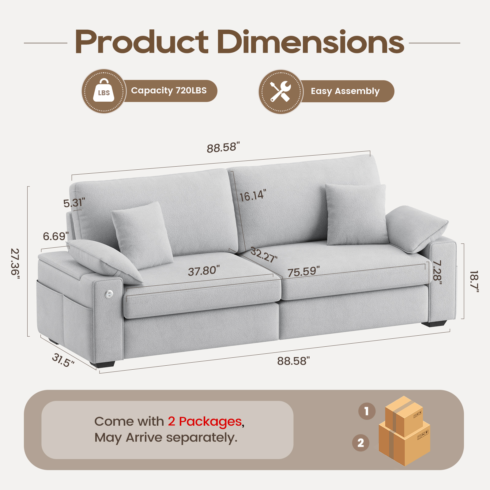 EOP 89" Loveseat Sofa, Comfy Modern 2-Seats Sofa with Pillow Armrest, USB/Type-C Port, Side Storage, Removable Cover, Deep Seat Couch, Small Couches for Small Space and Living Room, Light Gray