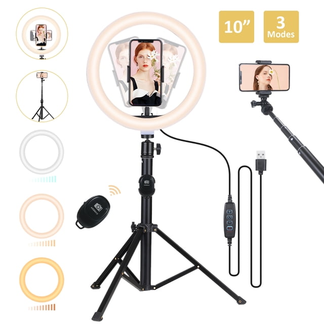 10.24" Dimmable LED Ring Light with Extendable Tripod Stand (12.8"-59"), 2 Flexible Phone Holders & Bluetooth Remote, 3 Light Modes (2500-6000K), 10 Brightness Levels, USB Powered 12W SMD2835 Lamp