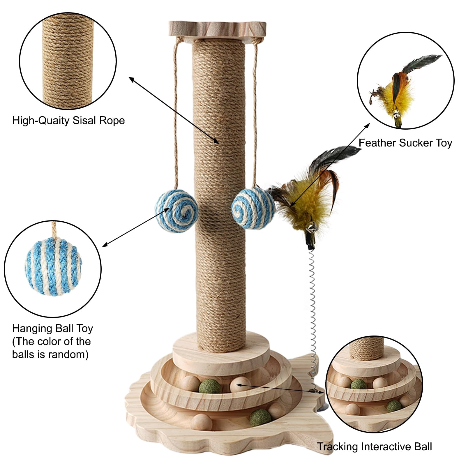Cat Scratching Post - 4 in 1 Wooden Cat Scratcher Toy, 18" Tall Scratch Post with 2 Level Cat Track Balls, 2 Interactive Feather Toys and 2 Sisal Hanging Balls for Indoor Kittens, Adult Cats, Gifts
