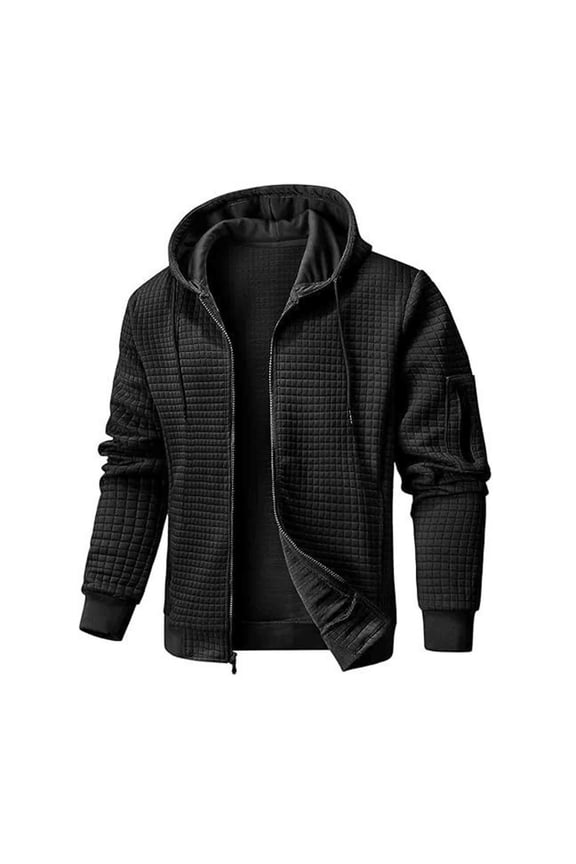 Lightweight Bomber Jackets for Men Black Waffle Knit Hooded Windbreaker Warm Long Sleeve with Pockets Full Zip Loose Fit Mens Winter Coats