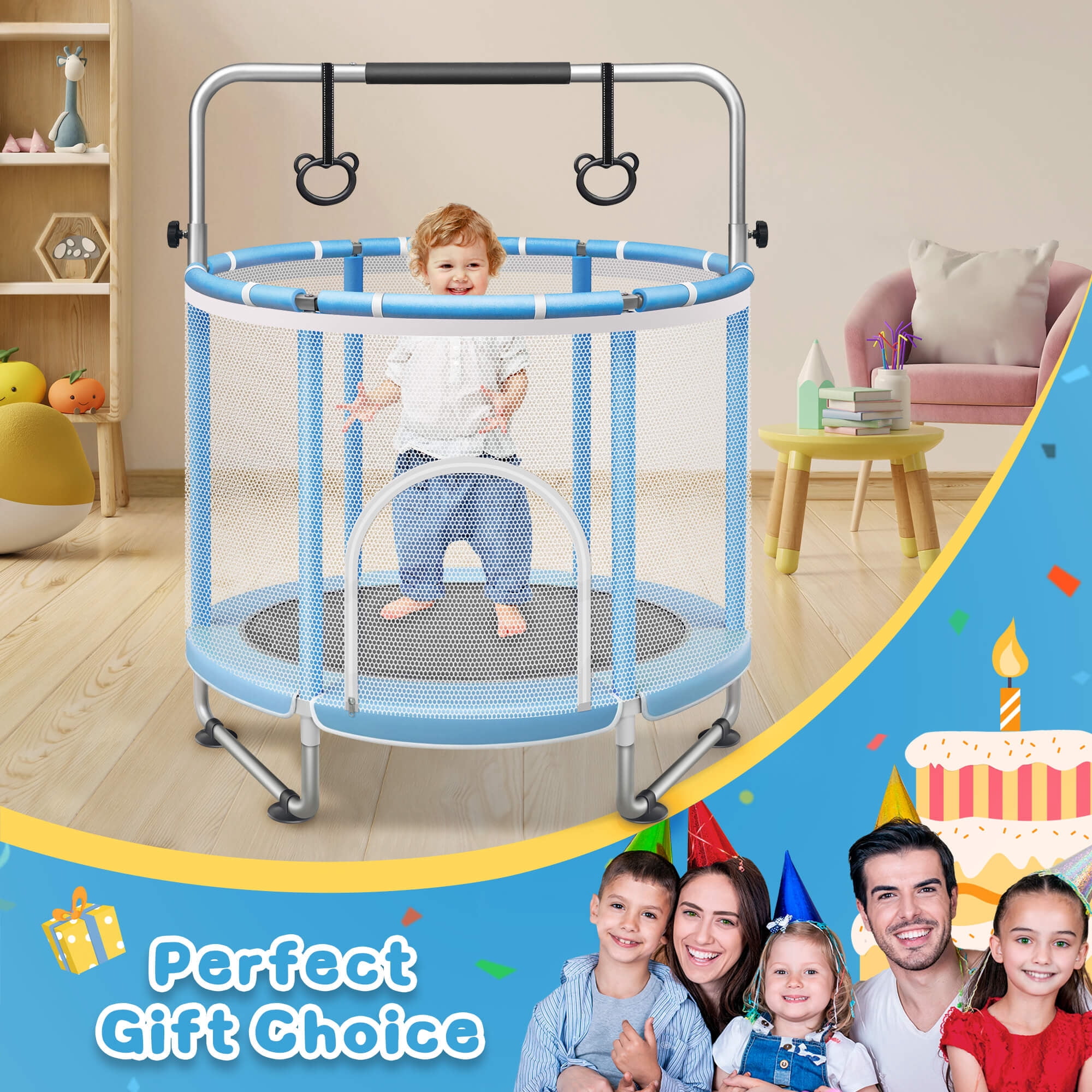 SERAY 55-65" Kids Trampoline with Safety Enclosure & Mini Balls, Indoor/Outdoor Fun for Toddlers, Durable, Quiet, and Safe Bouncing Toy for Boys and Girls