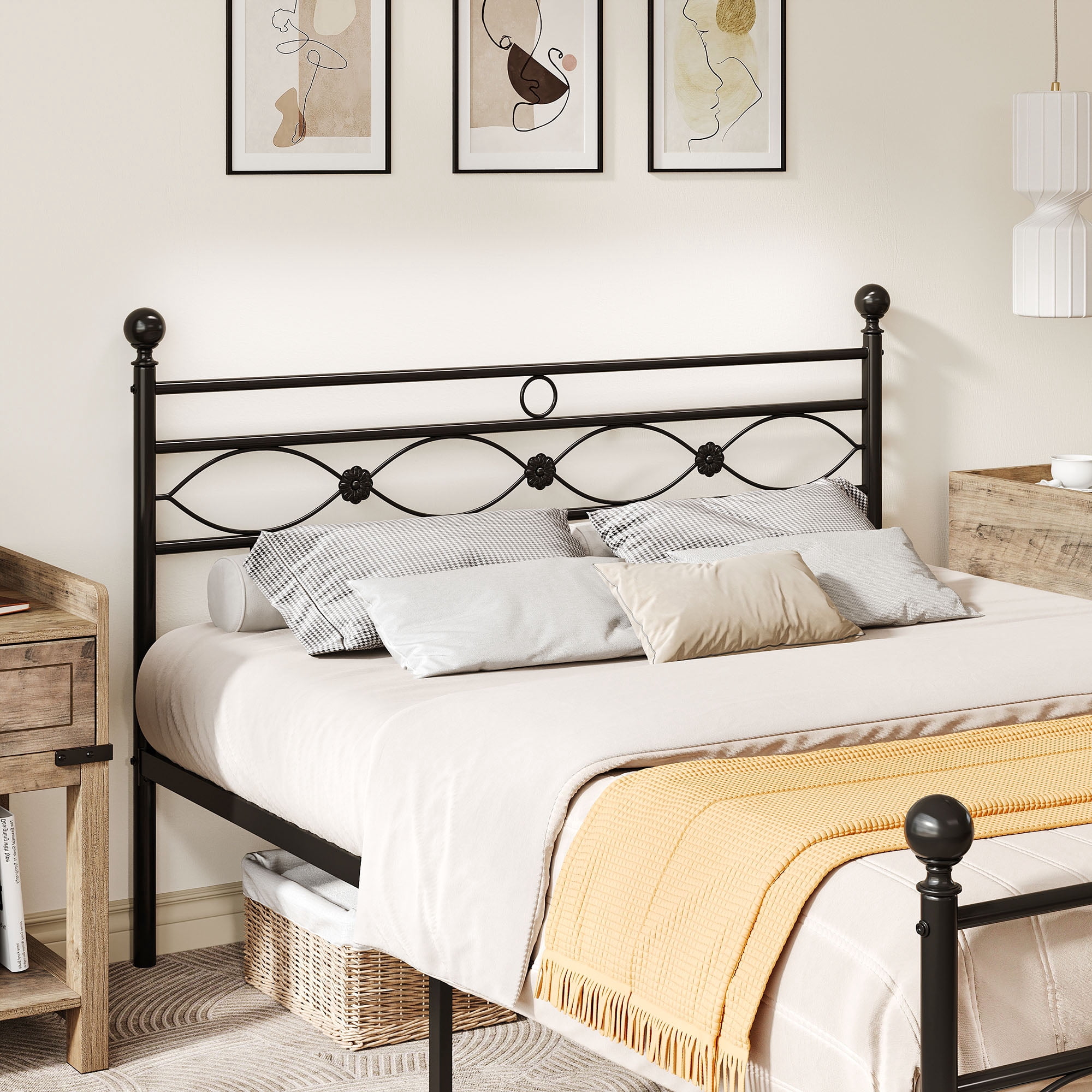 DEXTRUS Industrial Queen Platform Metal Bed Frame with Headboard & Soundproof Cotton
