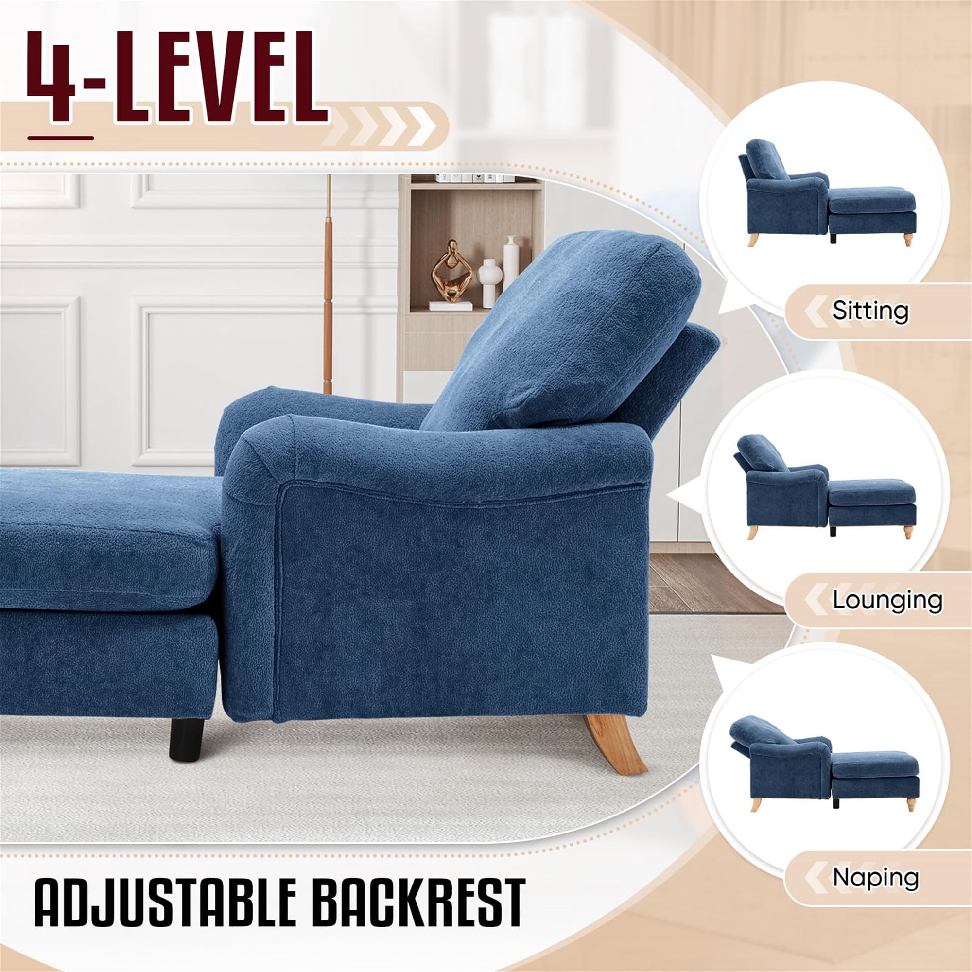 Aukfa Modern Oversized Chaise with Adjustable Backrest, Sleeper Chair Sofa Recliner for Living Room, Blue