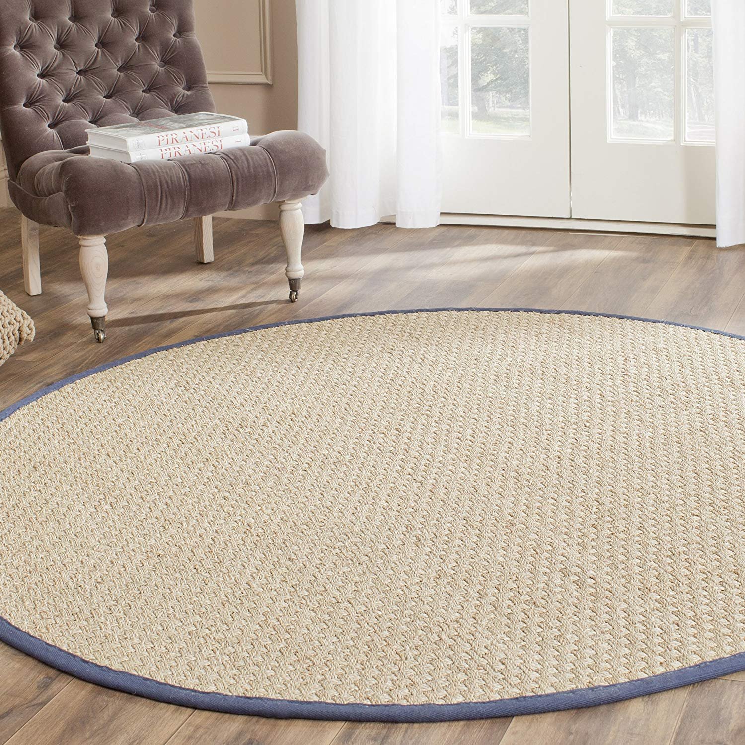 Safavieh Natural Fiber Collection NF114E Basketweave Natural and Blue Summer Seagrass Round Area