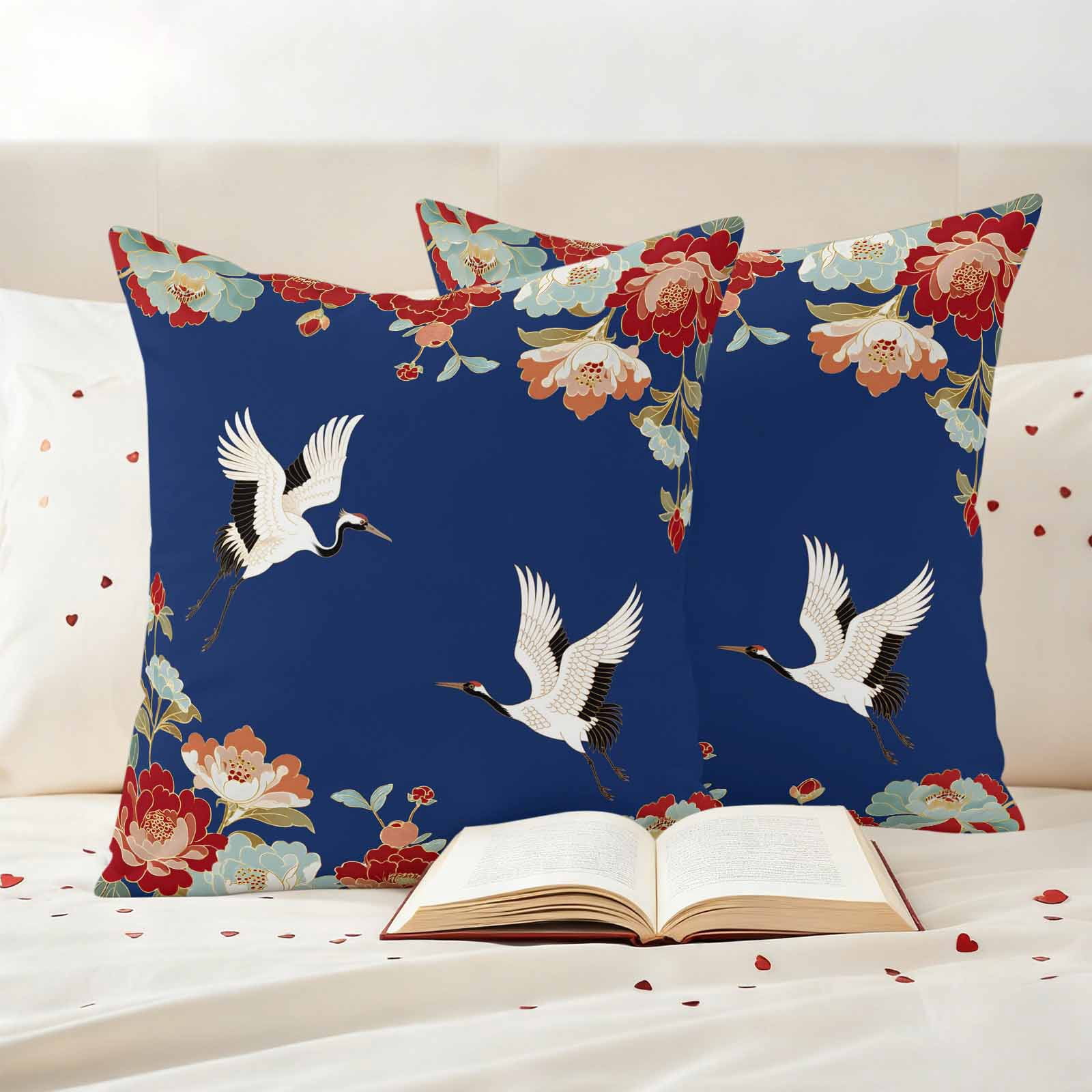 Pack of 2 Blue Crane Outdoor Pillow Covers Decorative, Waterproof Pillow Protector, Vintage Red Teal Spring Floral Botanical Throw Pillowcases Accent Cushion Cases for Patio Couch Sofa 18"x18"