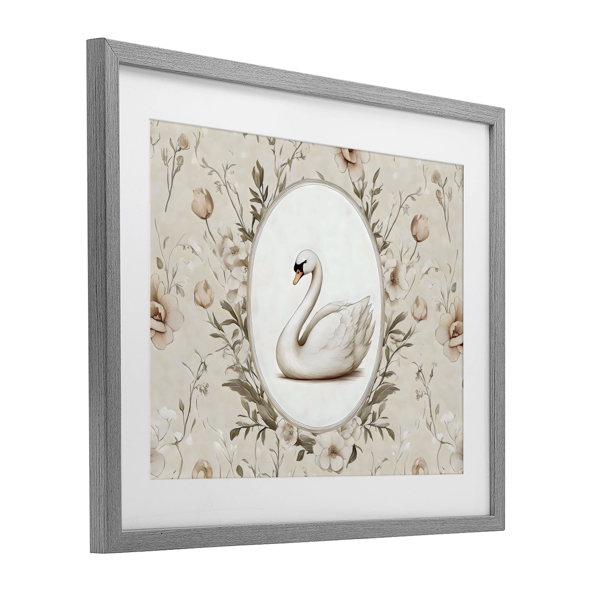 Stupell Industries Swan Vignette in Floral Border Gray Framed Print Under Glass, design by Arlington Prints