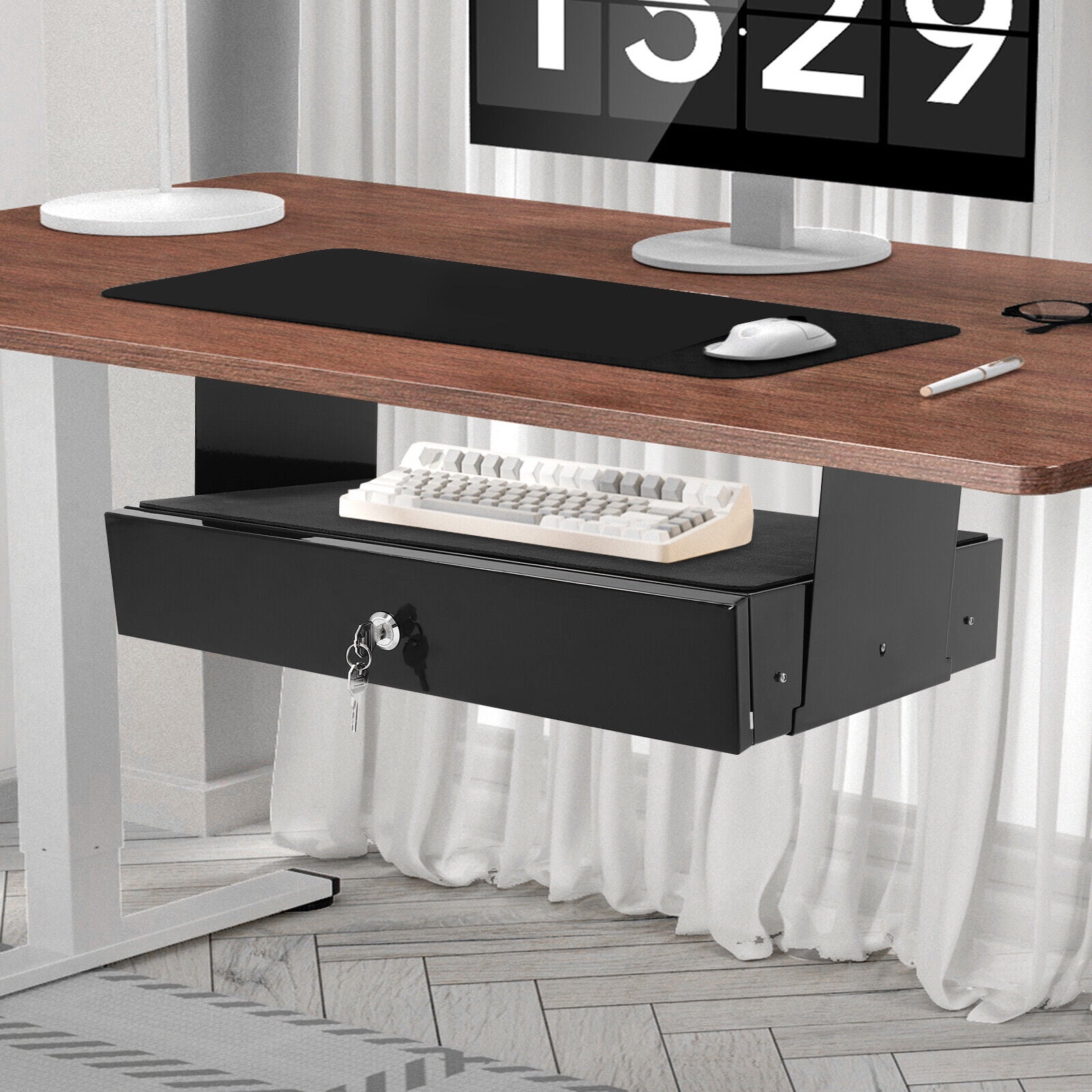 Lockable Sliding Underdesk Drawers Organiser Metal Pull Out Storage Drawer w/ Computer Pad for Office Standing and Standard Desks Black