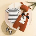 thumbnail image 2 of Xudanell First Birthday Outfit Boy Boy Cute Dog Cartoon Short Sleeve Three Piece Romper Pants and Hat Set for Kids Black 6-12 Months, 2 of 4