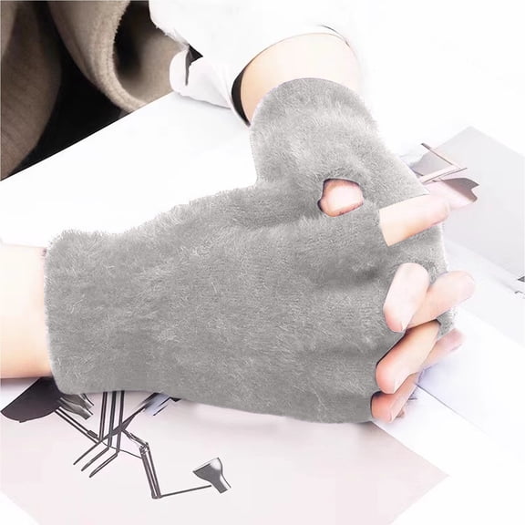 Ljudmp Womens Coral Velvet Knitted Half Finger Gloves Winter Thermal Warm Plush Touch Screen Fingerless Gloves for Office Writing Daily Grey