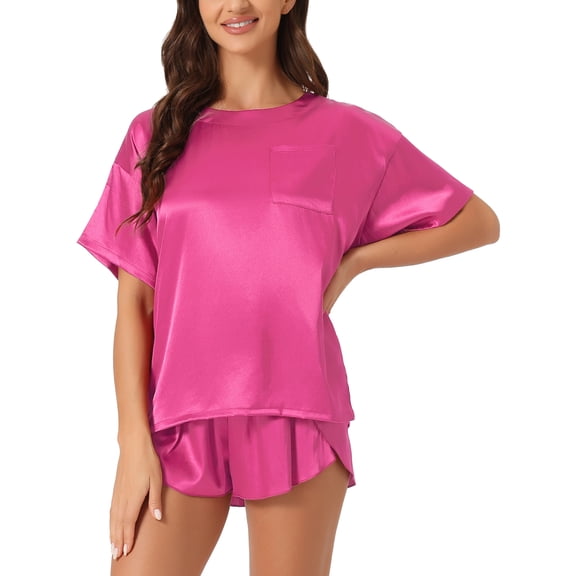 DARING DIVA Women's Satin Pajama Pullover T-shirt with Shorts Lounge Sets Hot Pink S