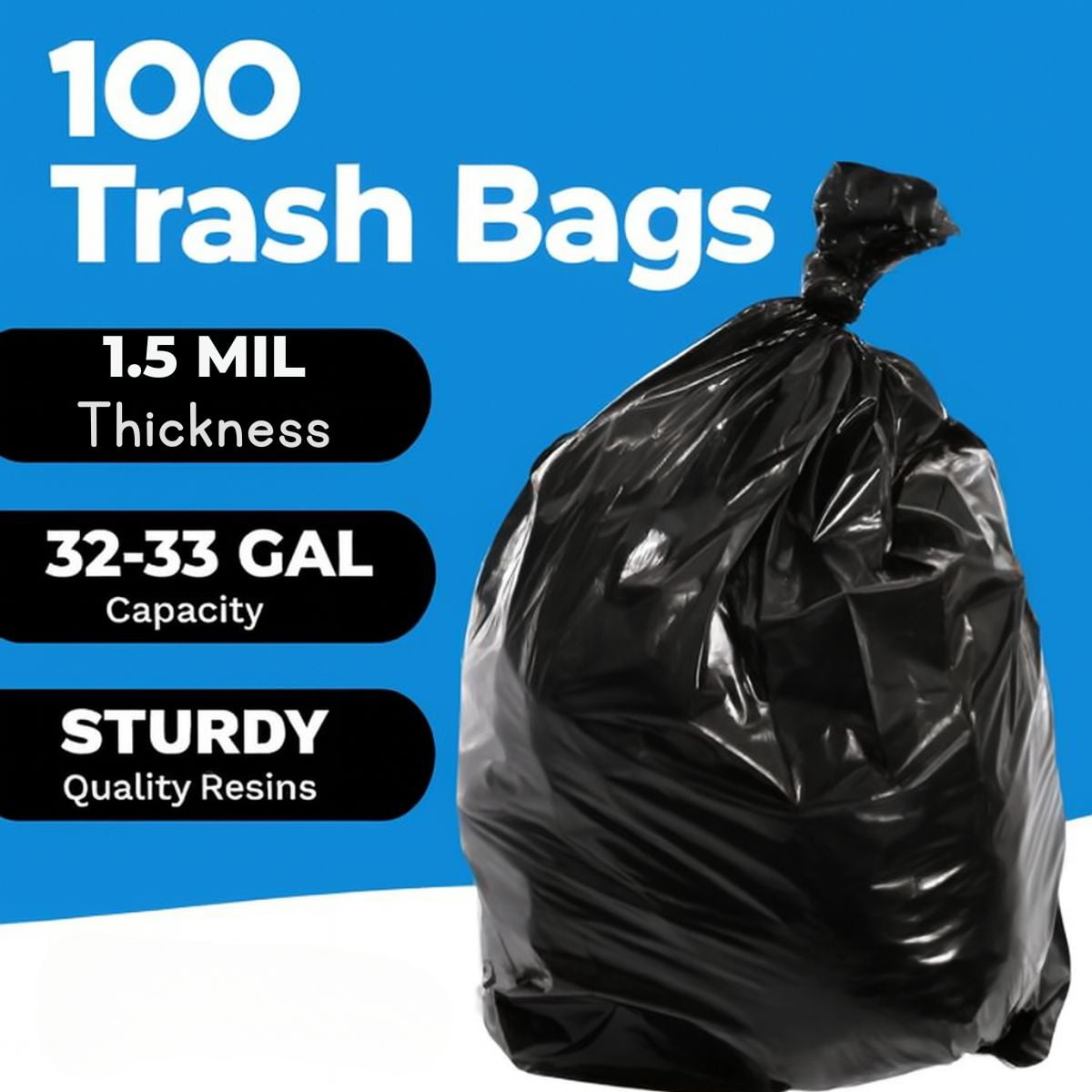 TP Plastic 33 Gallon Trash Bags – 100 Count Heavy Duty Black Garbage Bags, 33" x 39", 1.5 Mil Thick Can Liners for Home, Office, or Commercial Use