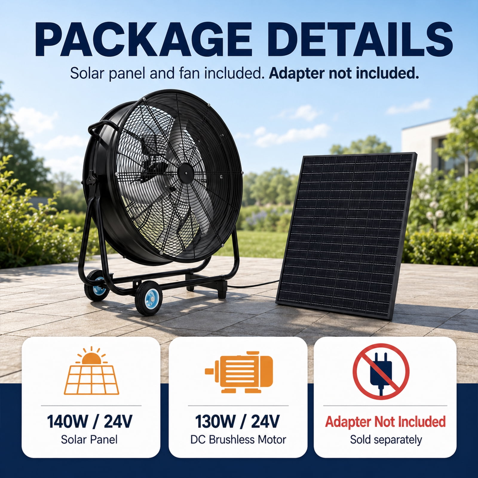 30-Inch Wheeled Solar Fan with 140W Adjustable Panel and Remote Control, 3-Speed Brushless Vent Fan for Workshop and Greenhouse, Black