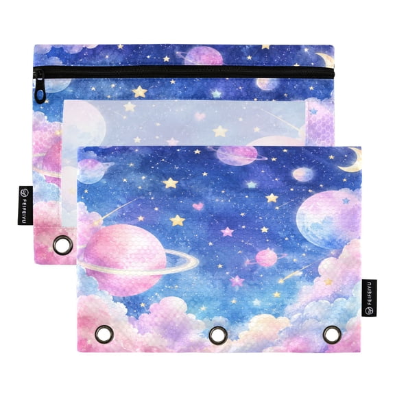 2 Pack 3 Ring Binder Pouch with Clear PVC Window Water Resistant Zipper Pencil Pouch Dreamy Space Planets Artwork Binder Pocket for Classroom Office Home Stationery Organization
