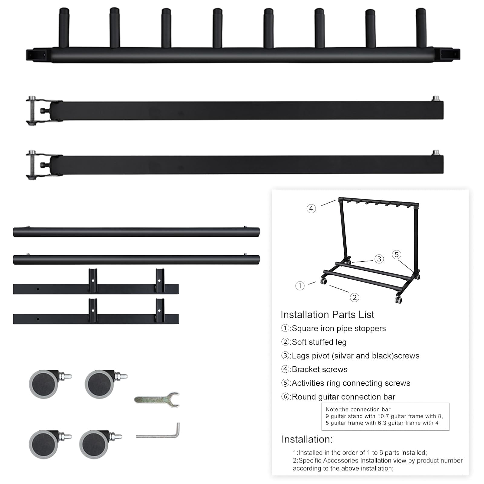 CazToi Heavy-Duty Rolling 7 Guitar Stand with Wheels & Foldable Design Portable Rack