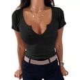 thumbnail image 3 of New base summer new solid color V-neck short-sleeved T-shirt for women-Apricot-S, 3 of 3