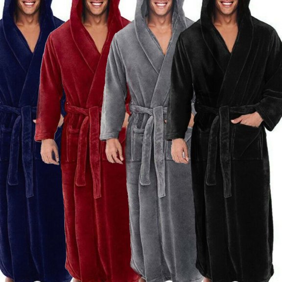Hevirgo Men Soft Coral Fleece Solid Color Pockets Long Bath Robe Home Gown Sleepwear